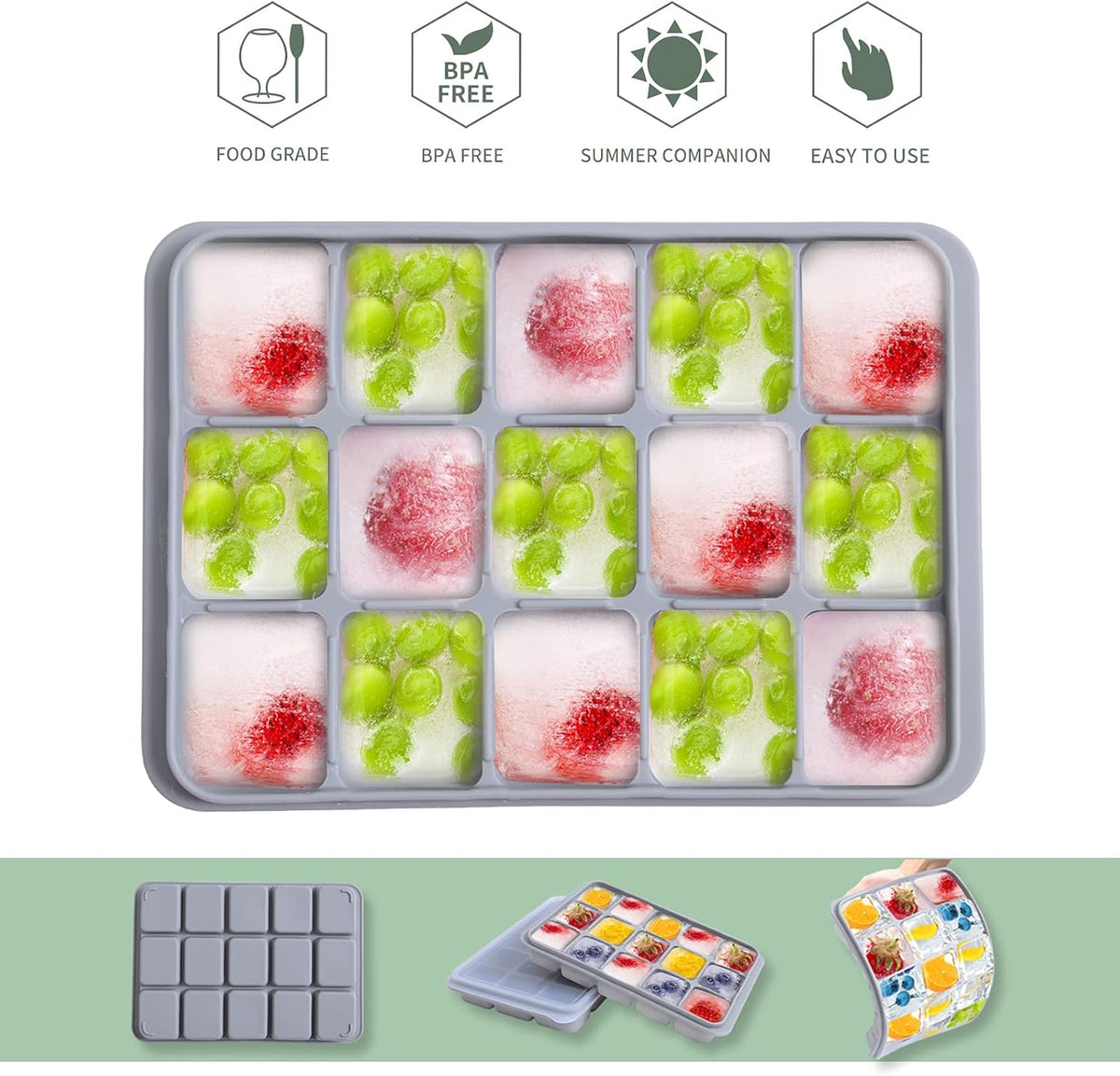 Ice Cube Trays Set of 2, Easy Release 15 Flexible Silicone Ice Cube Molds with Removable Lid
