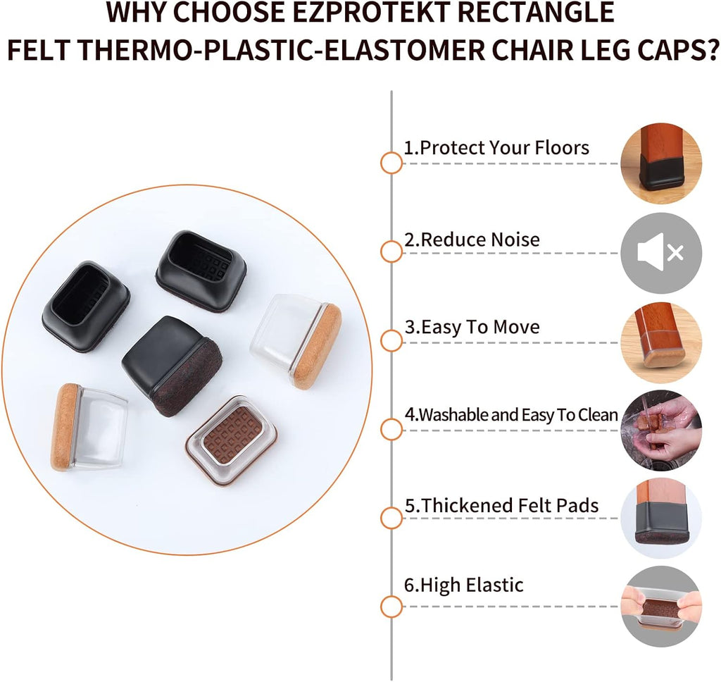 Ezprotekt 24 Pcs Rectangle Clear Silicone Chair Leg Floor Protectors Caps, Rectangle Felt Furniture