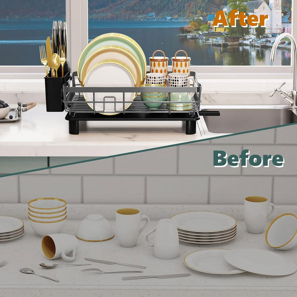 Iron Dish Drying Rack with Drainboard Dish Drainers for Kitchen Counter Extendable Spout Strainers