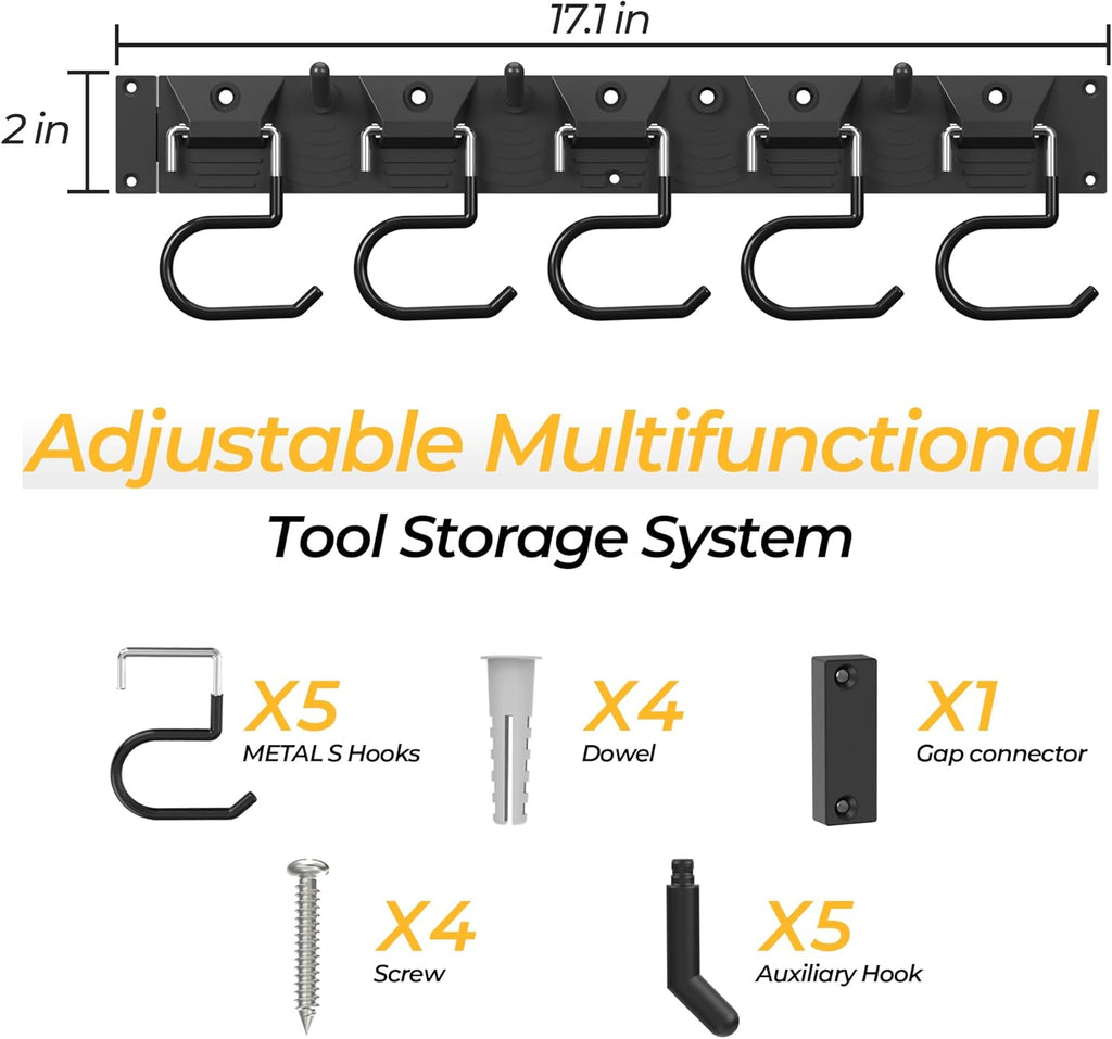 51 Inch Garden Tool Organizer Wall Mount with Non Slip Rubber Coated Metal Hooks, Storage Rack for
