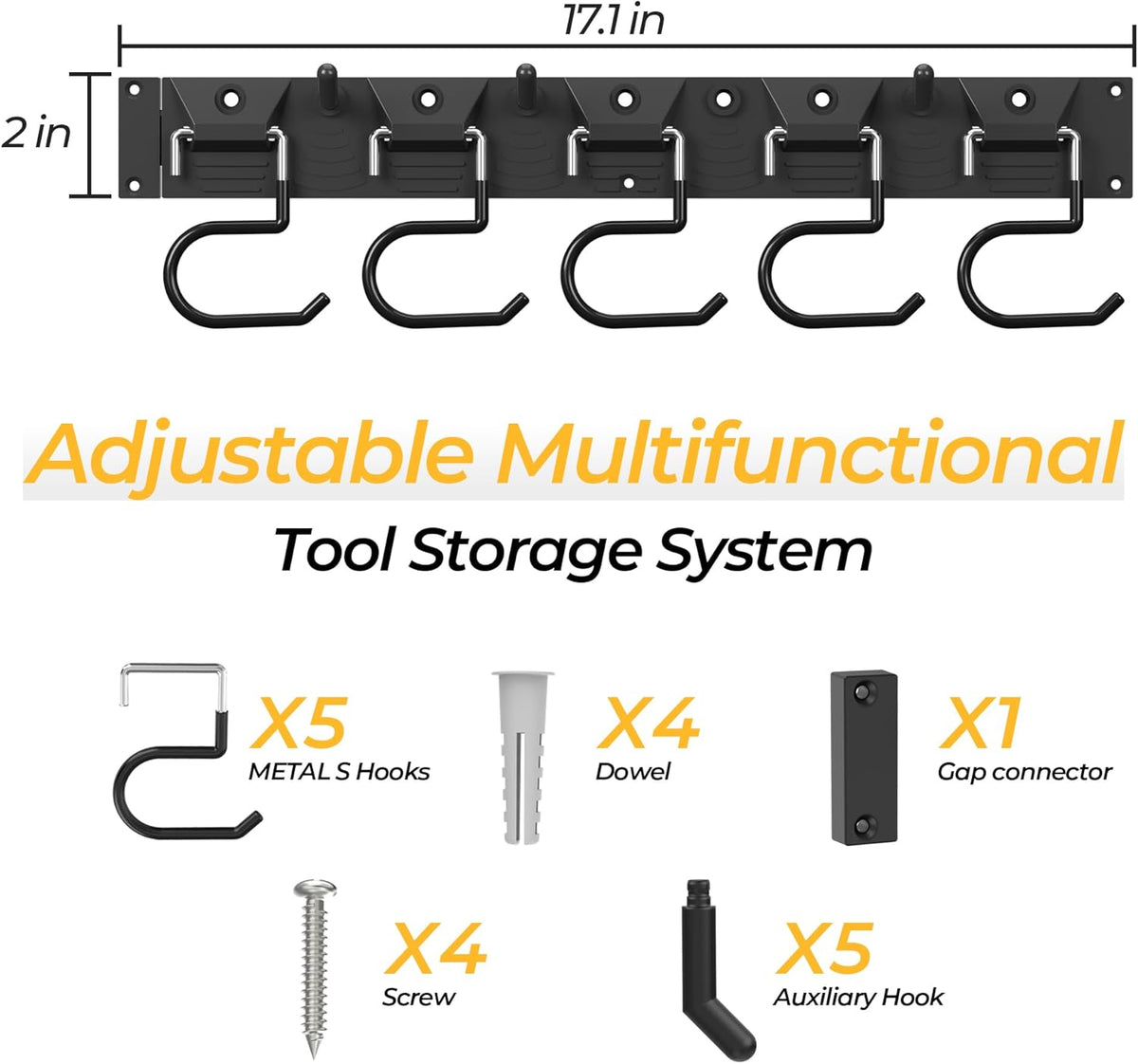 51 Inch Garden Tool Organizer Wall Mount with Non Slip Rubber Coated Metal Hooks, Storage Rack for