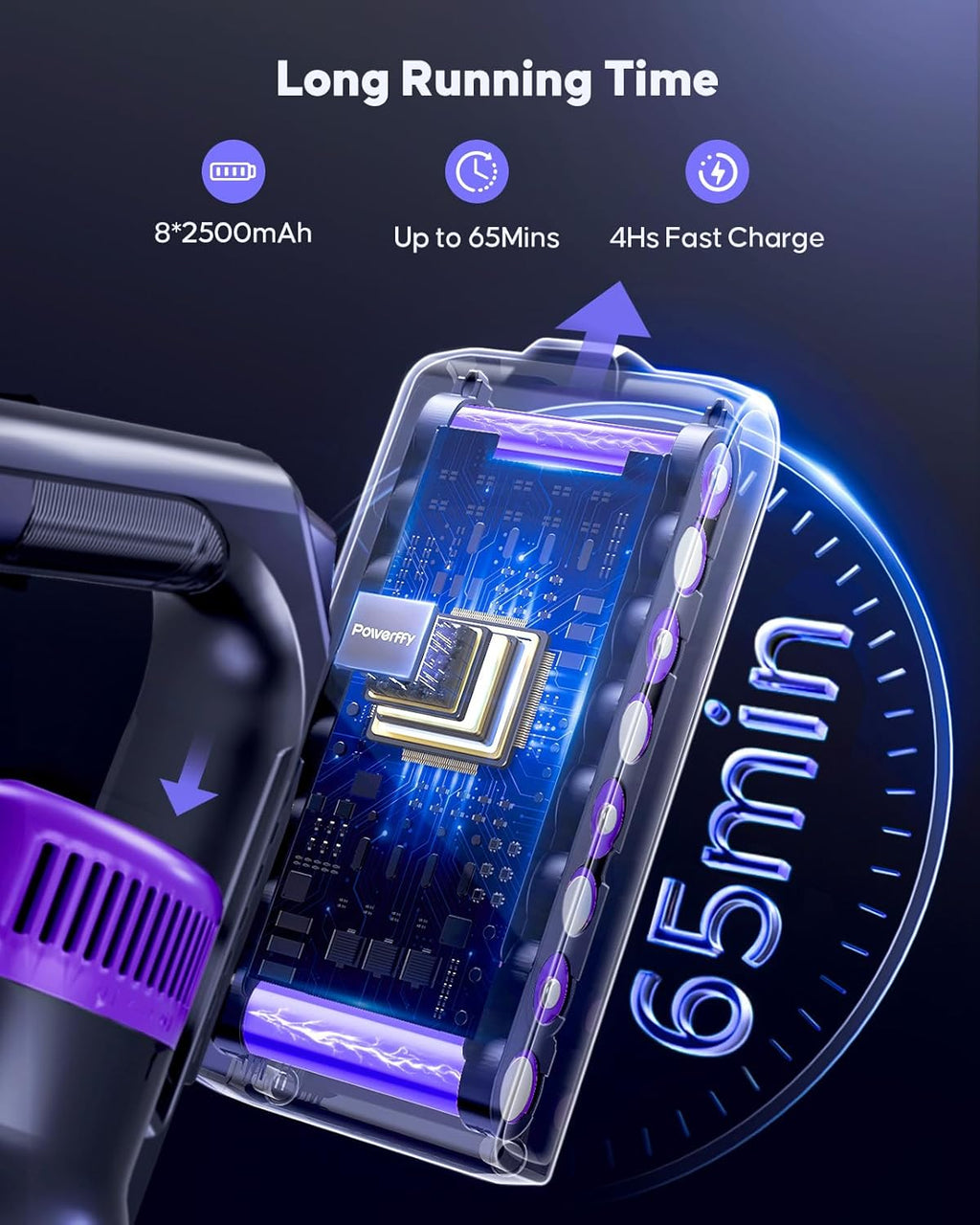 Cordless Vacuum Cleaner, 600W 50Kpa Stick Vacuum Cleaner with 65mins Rechargeable Battery