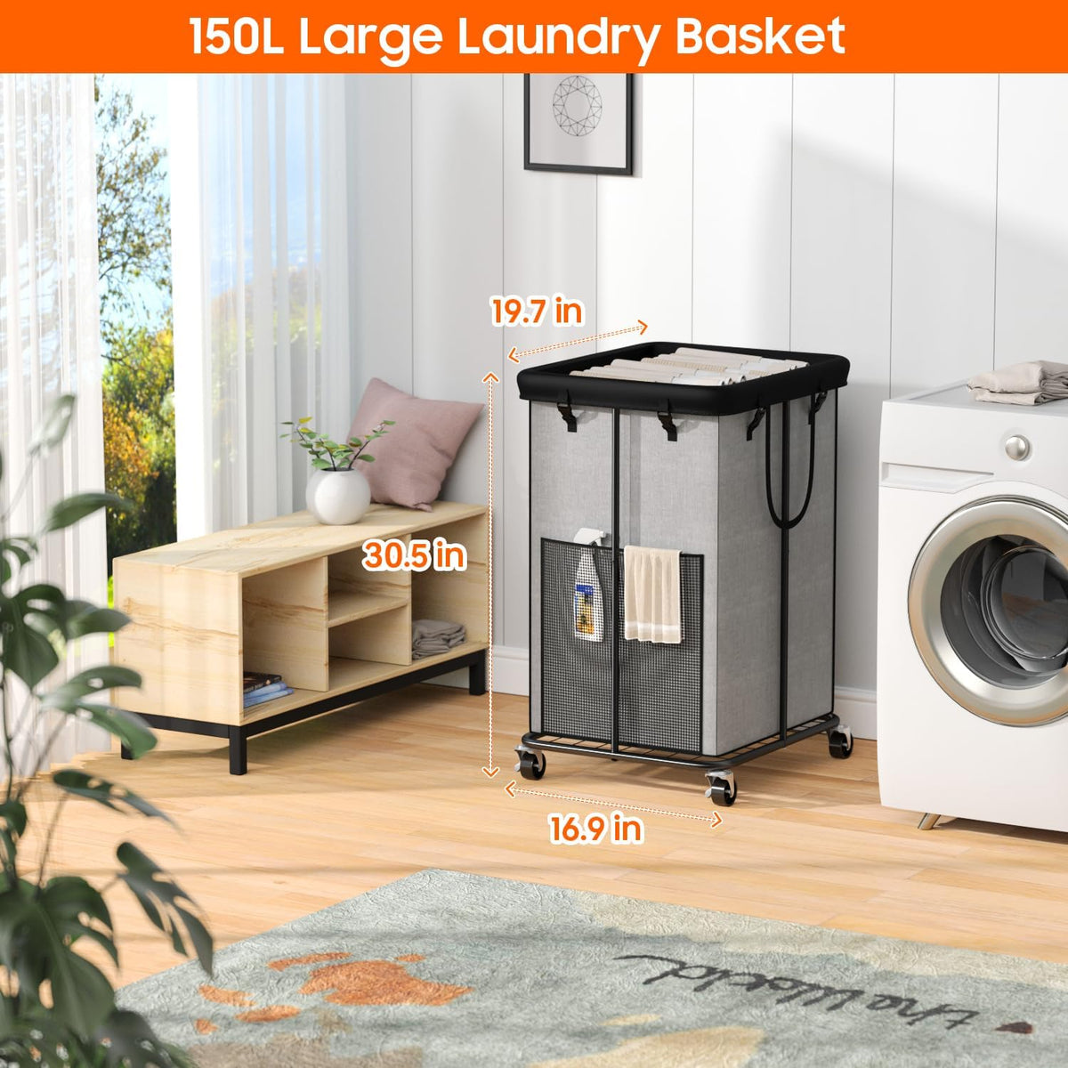 150L Laundry Hamper with Wheels, Rolling Laundry Basket with Metal Frame and Removable Bag, Large &