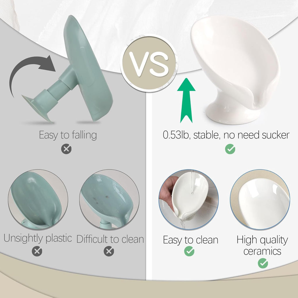 Soap Dish, Self Draining Bar Soap Holder for Bathroom Sink, Leaf-Shaped Drainage Ceramic Cream