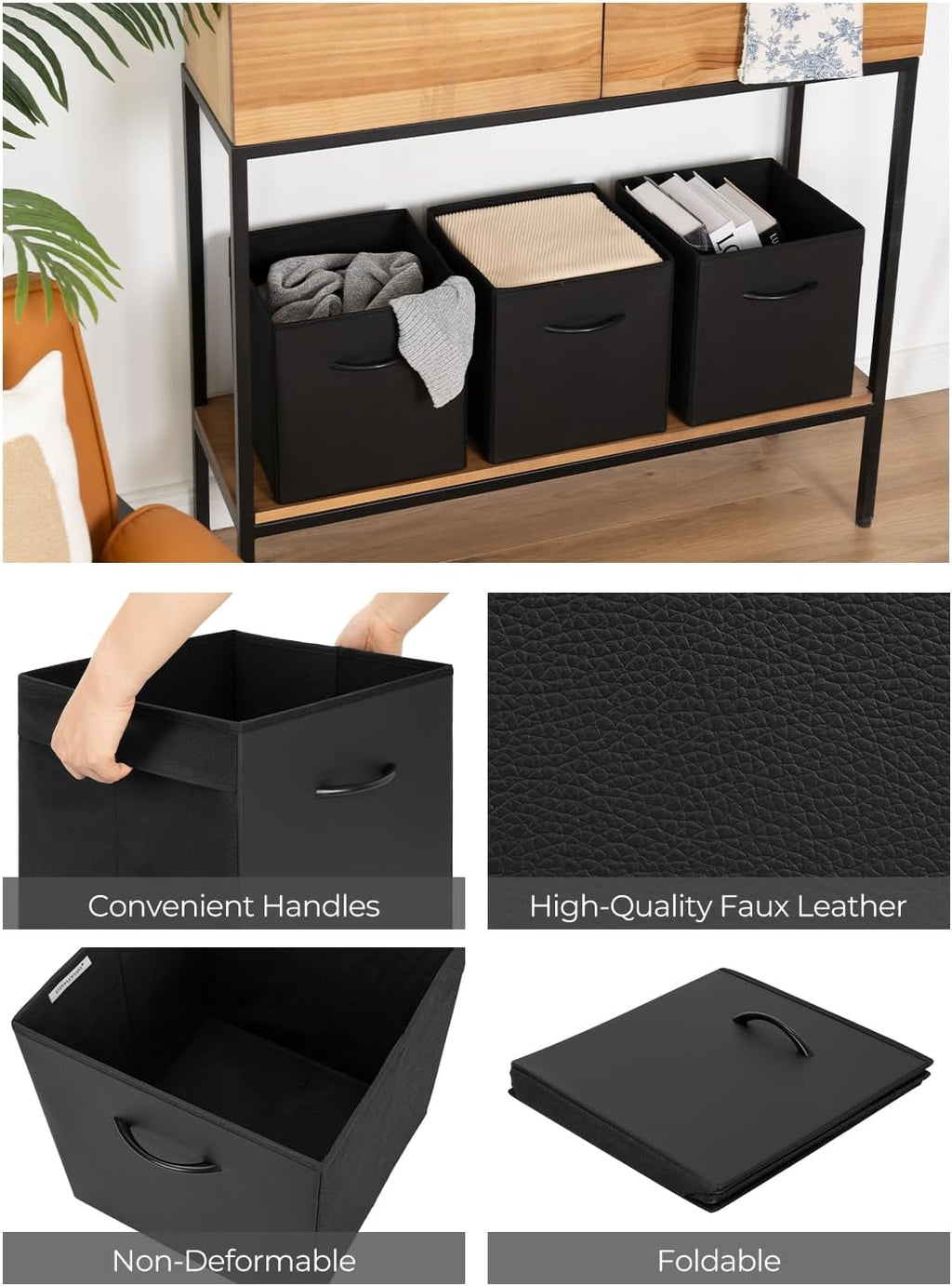 StorageWorks Black Storage Cubes, 11-inch Leather Bins with Handle, Cube Organizer Baskets for