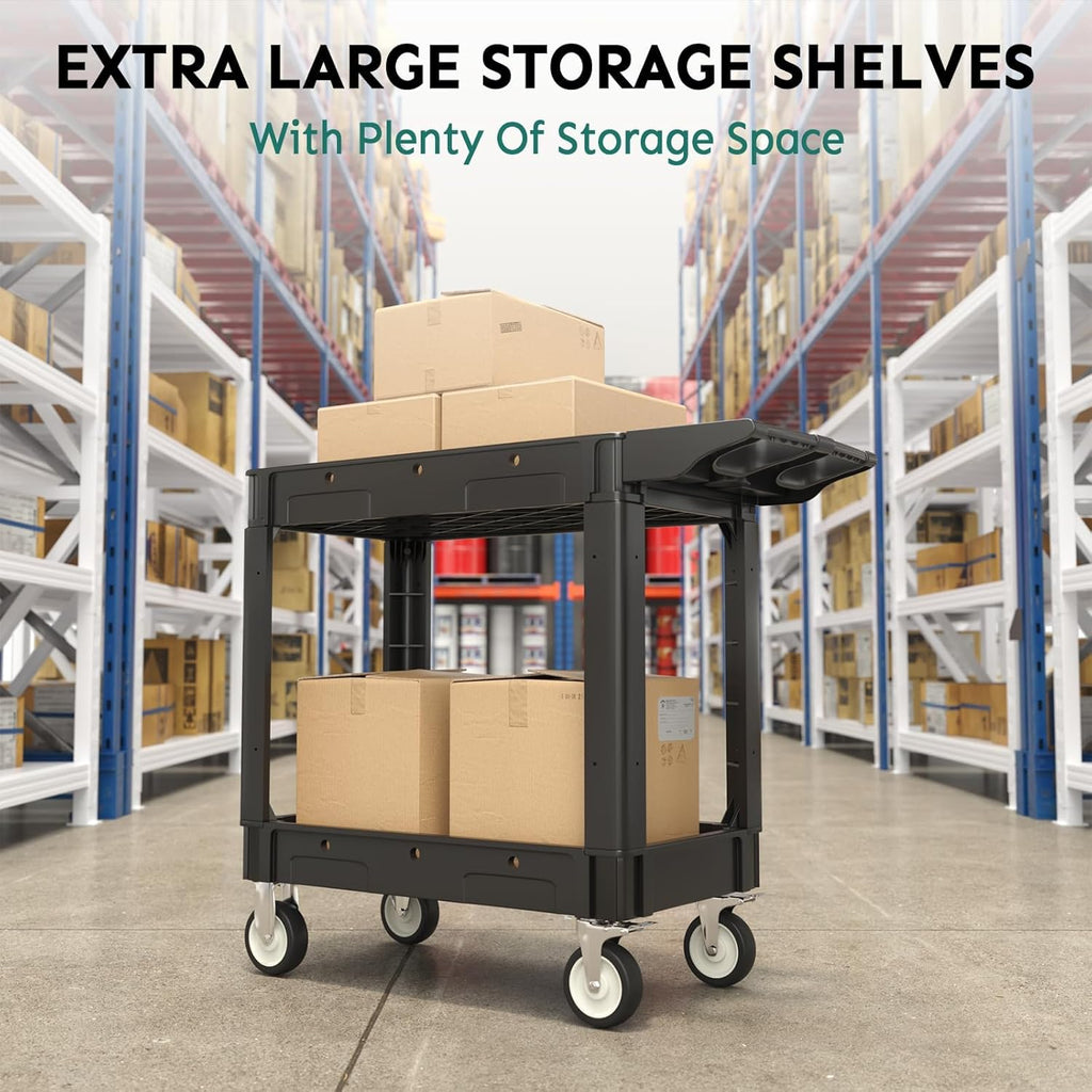 2 Shelf Heavy Duty Plastic Utility Cart, Service Cart Tub Storage W/Deep Shelve Holds up to 1000