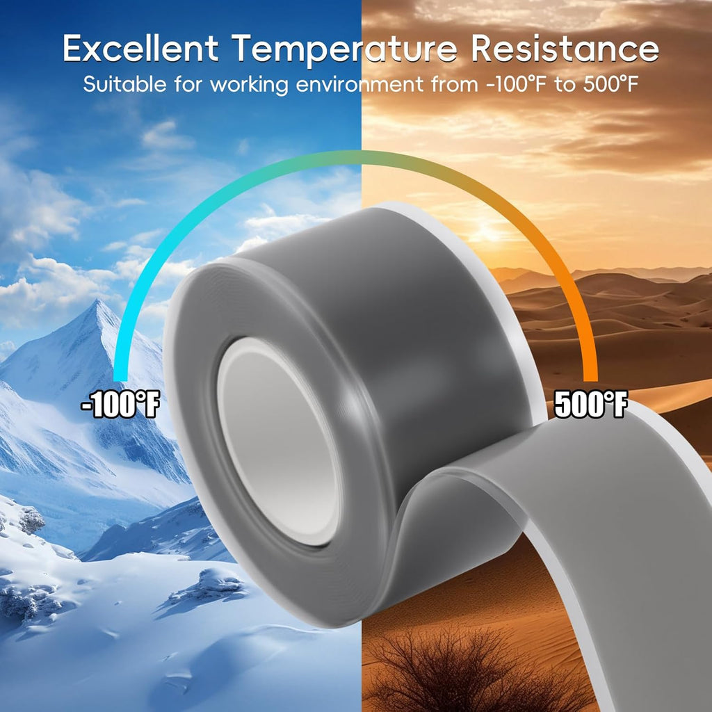 Self Fusing Silicone Tape 2 Rolls 1 in x 10' Grey Waterproof Rescue Tape Rubber Leak Silicone