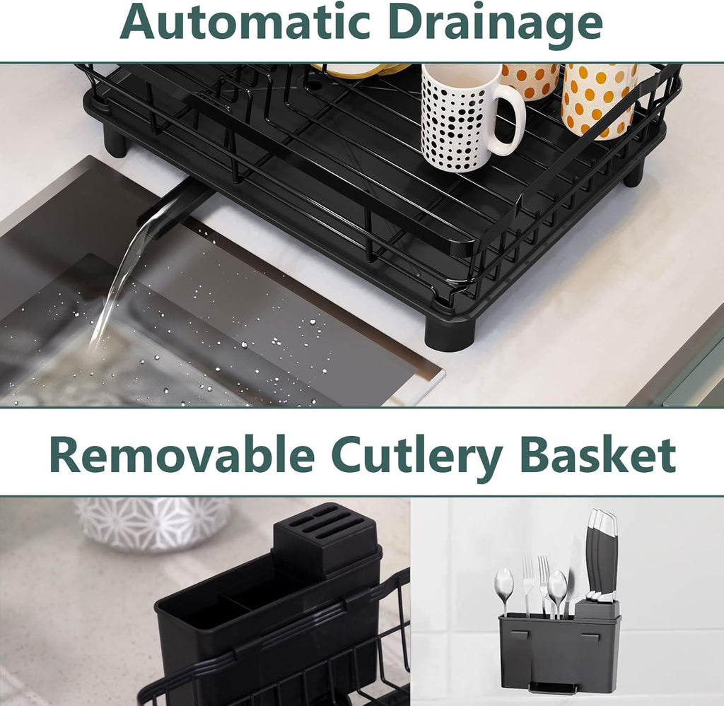 Iron Dish Drying Rack with Drainboard Dish Drainers for Kitchen Counter Extendable Spout Strainers