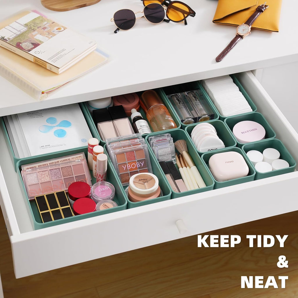 11-Piece Stackable Drawer Organizer Set, Multi-size Desk Drawer Organizer Trays Vanity Storage Bins