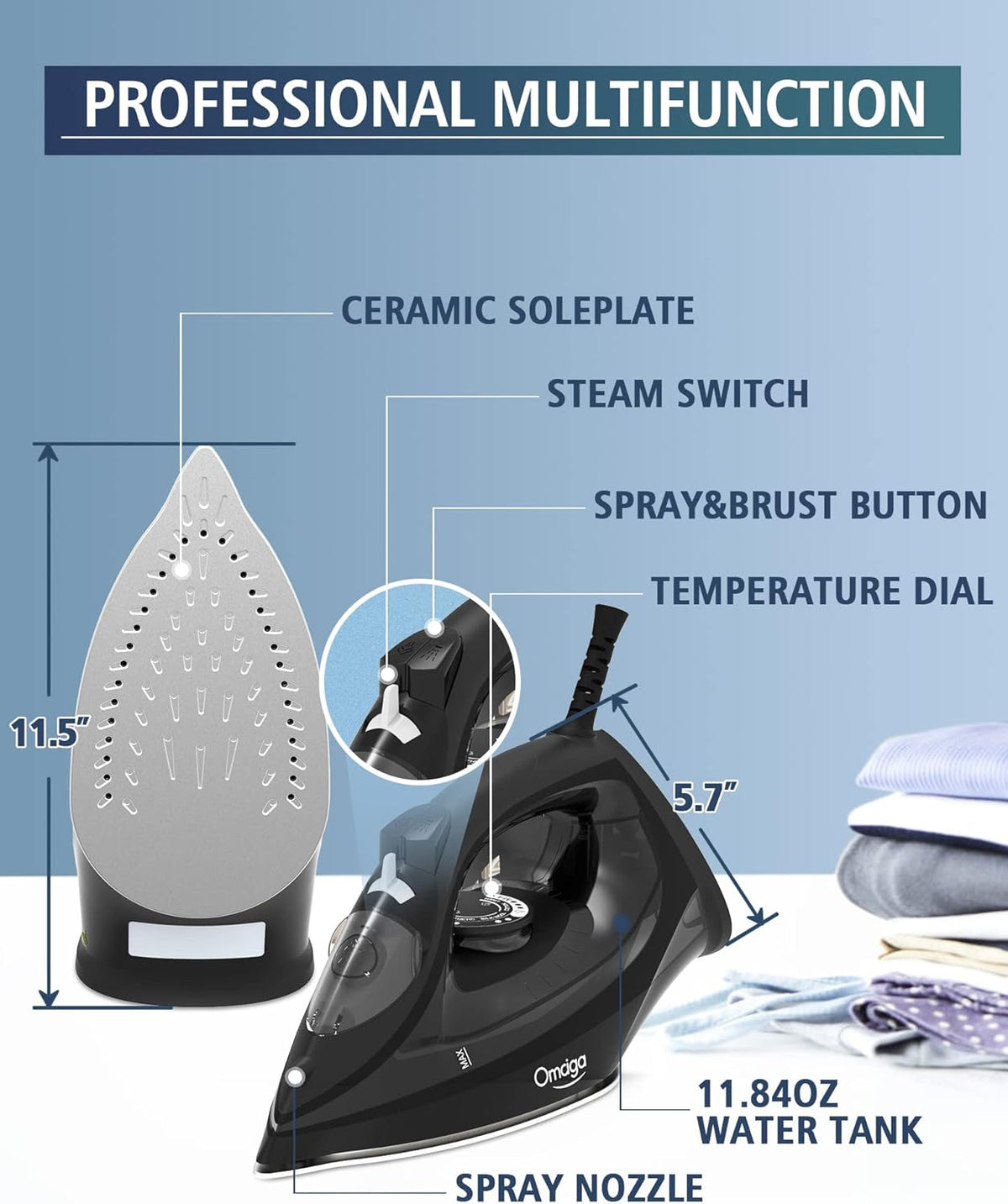 Steam Iron for Clothes, 1500W Iron with Rapid Heating, Non-Stick Ceramic Soleplate, Burst of Steam