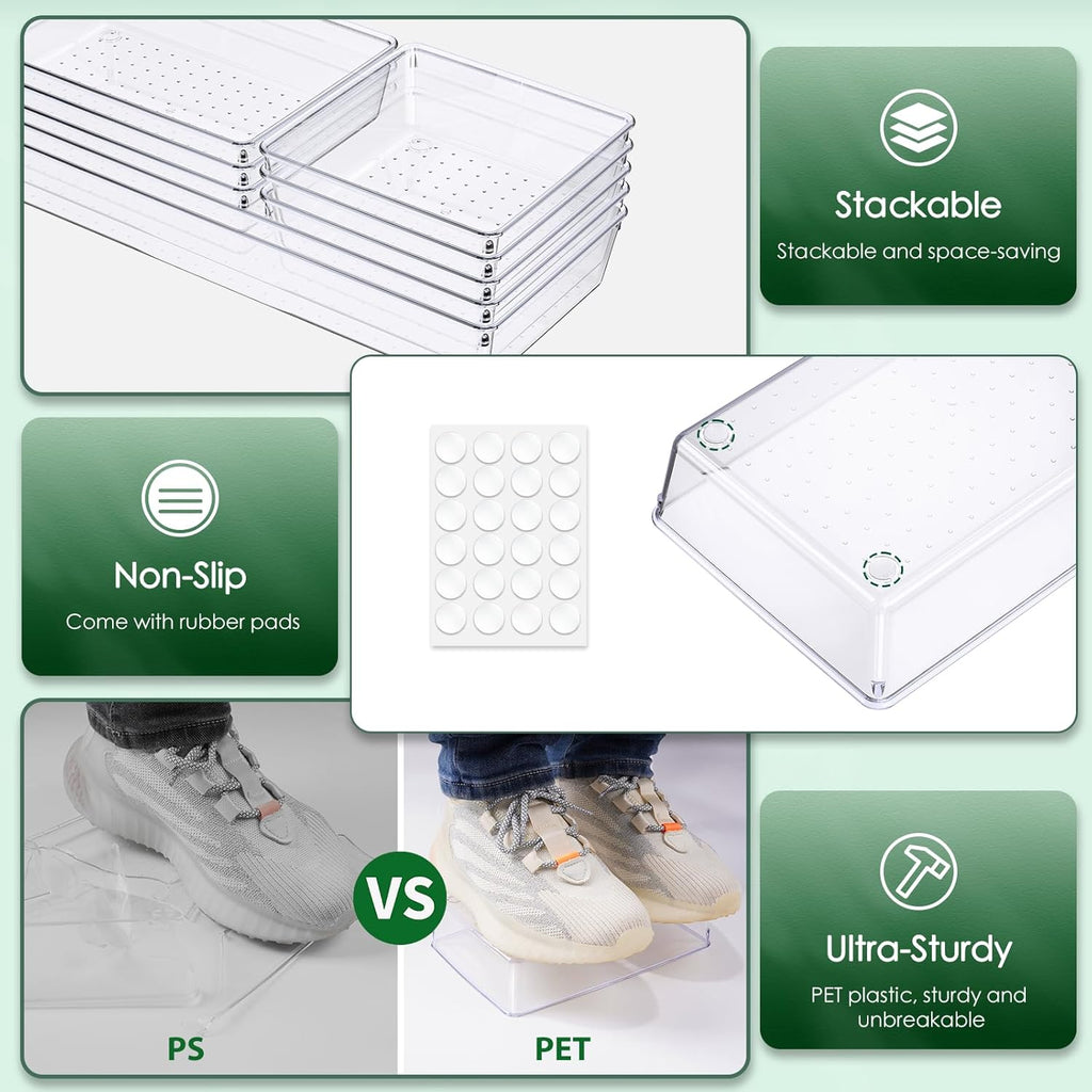 Criusia Drawer Organizer Set, Acrylic Non Slip Non Cracking Kitchen Drawer Storage Tray Large Size