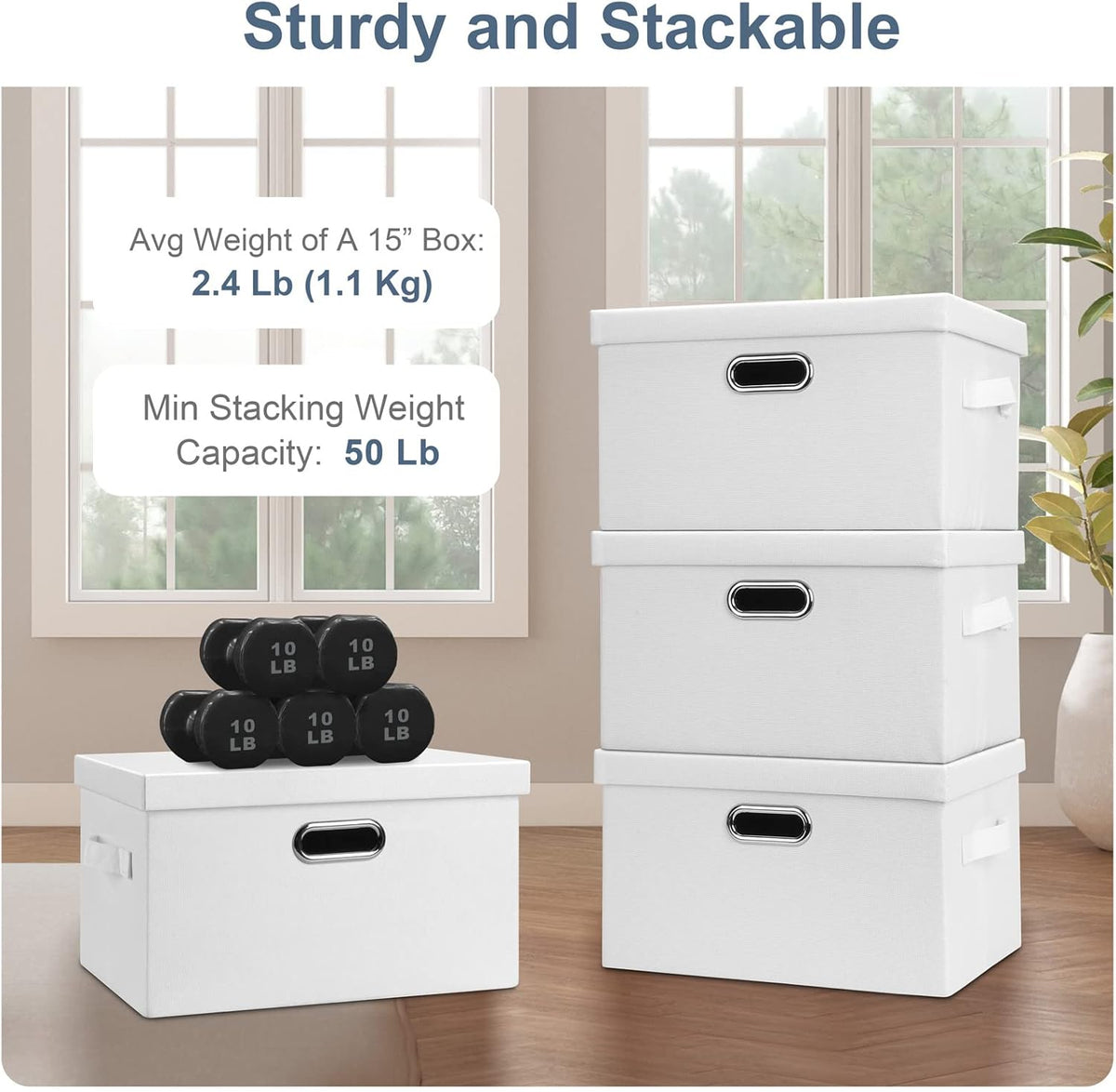 Medium 15" 21 Quart Collapsible Stackable Storage Bins with Lids, 5 Packs White Foldable Fabric