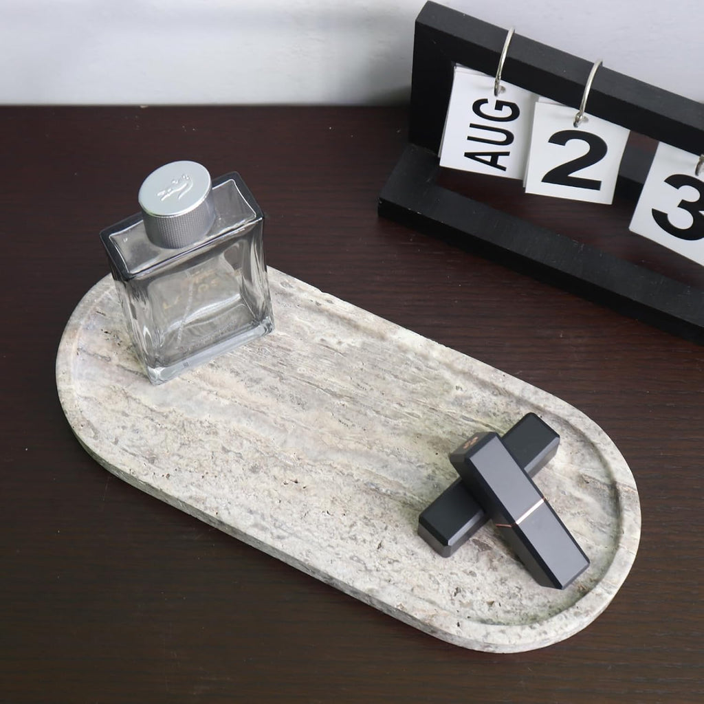 Natural Marble Tray, Oval Vanity Decorative Tray for Bathroom Counter, Countertop Stone Organizer