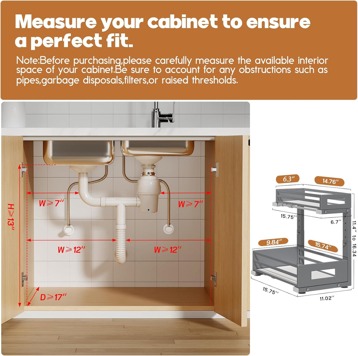 2-Pack Under Sink Organizers and Storage,2-Tier L Shape Pull Out Cabinet Organizer With Round Tube