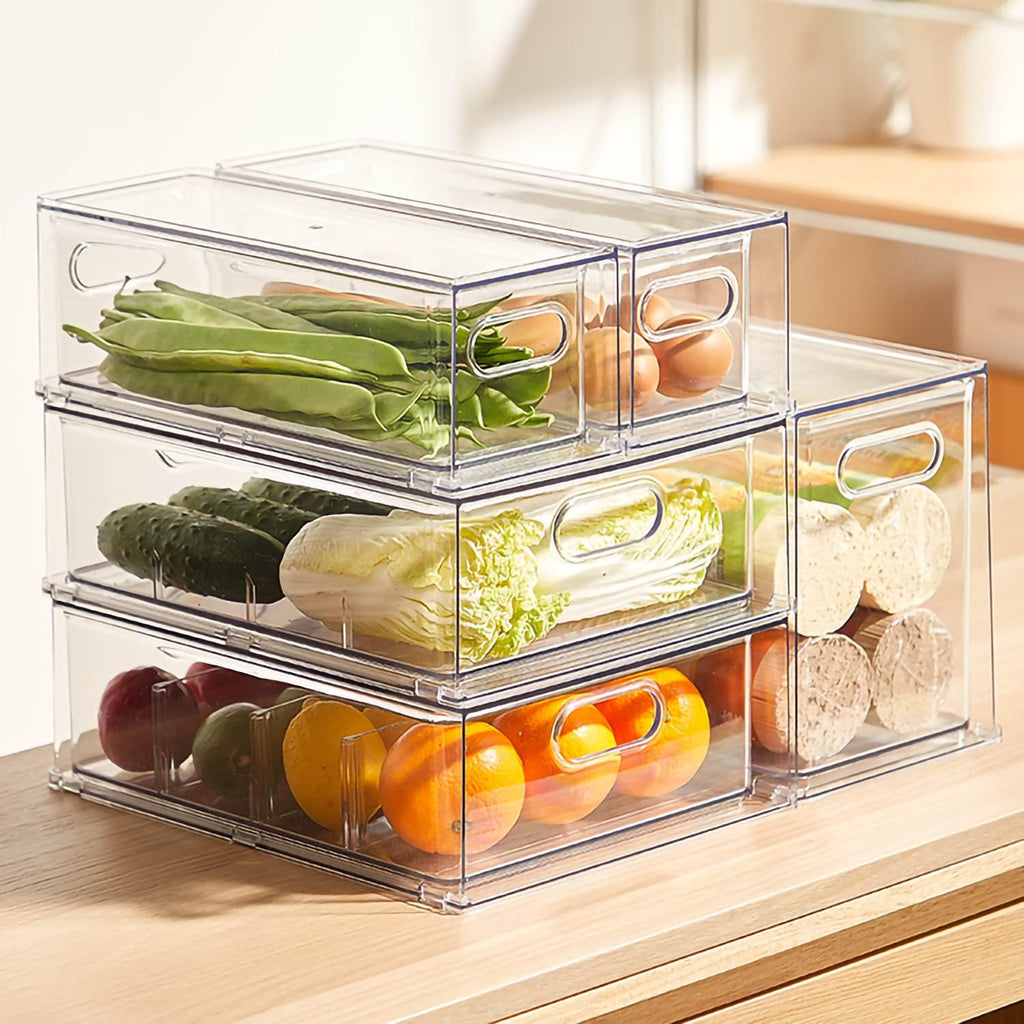 MineSign 4 pack Stackable Refrigerator Organizer Bins Pull-Out Drawers for Fruit and Veggies