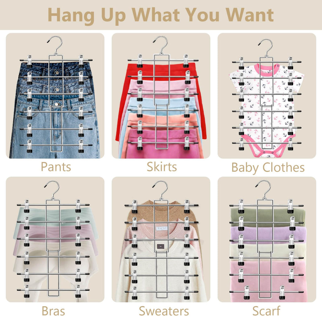 Pants Hangers with Clips,Space Saving Hanging Closet Organizer-6 Tiers Skirt Hangers with 360°