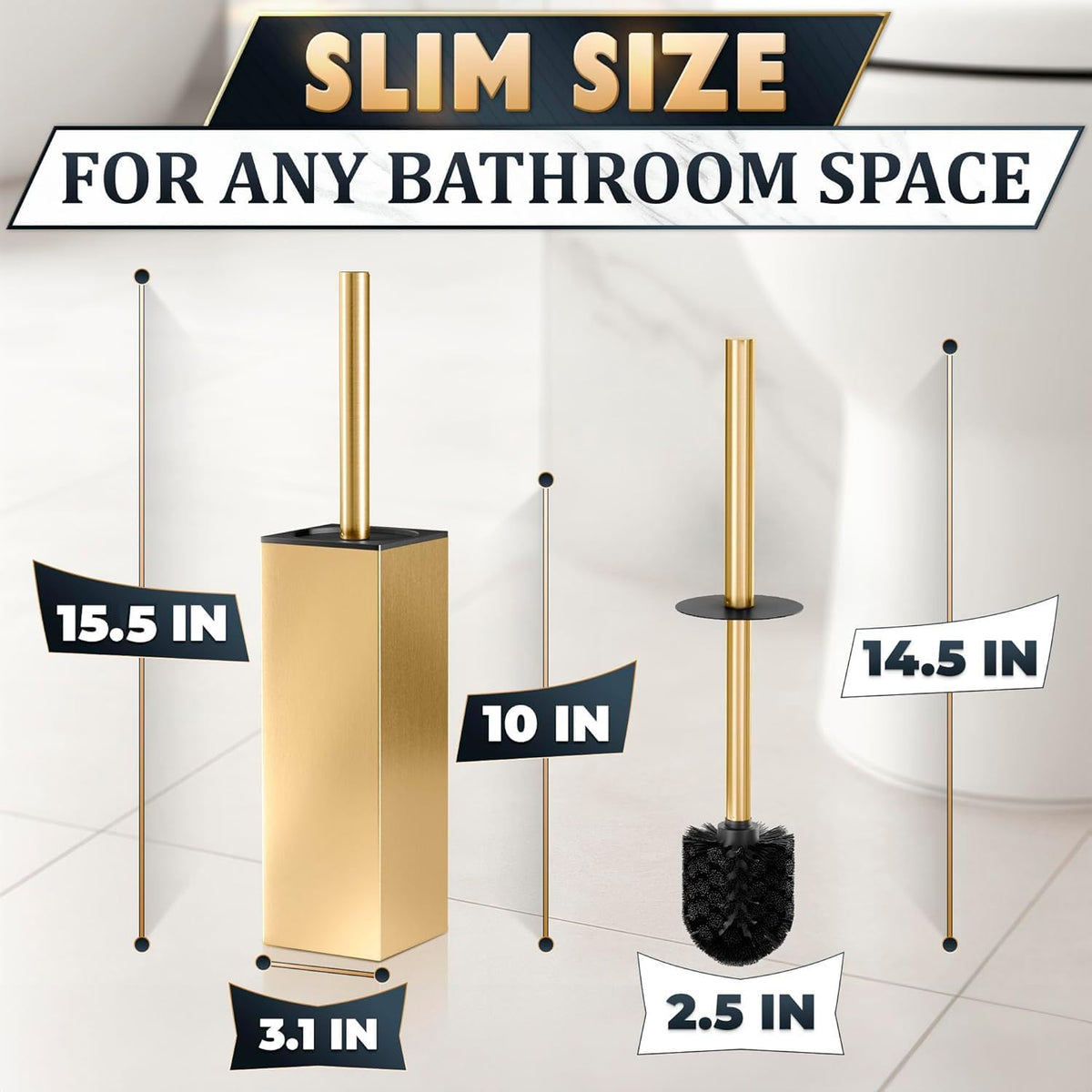 Stainless Steel Toilet Brush and Holder Set Gold & Square Design - Corrosion and Scratch-Resistant