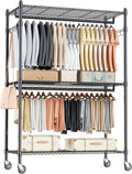 Homdox 3 Tier Heavy Duty Garment Rack with Wheels, Adjustable Wire Clothes Rack with Double Hanging