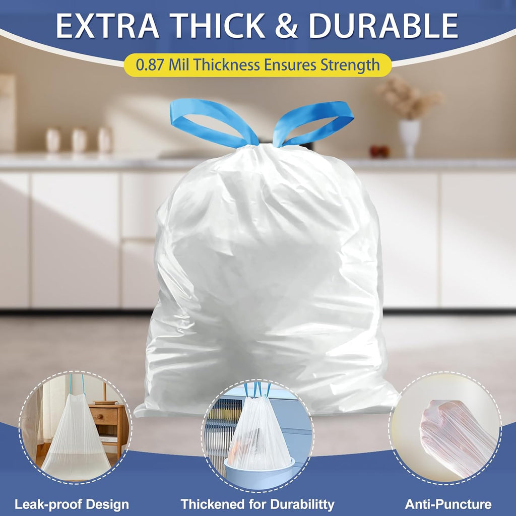 150 Count 2 Gallon Trash Bags Drawstring - 0.96 Mil Small Garbage Bags Unscented,Heavy Duty Trash