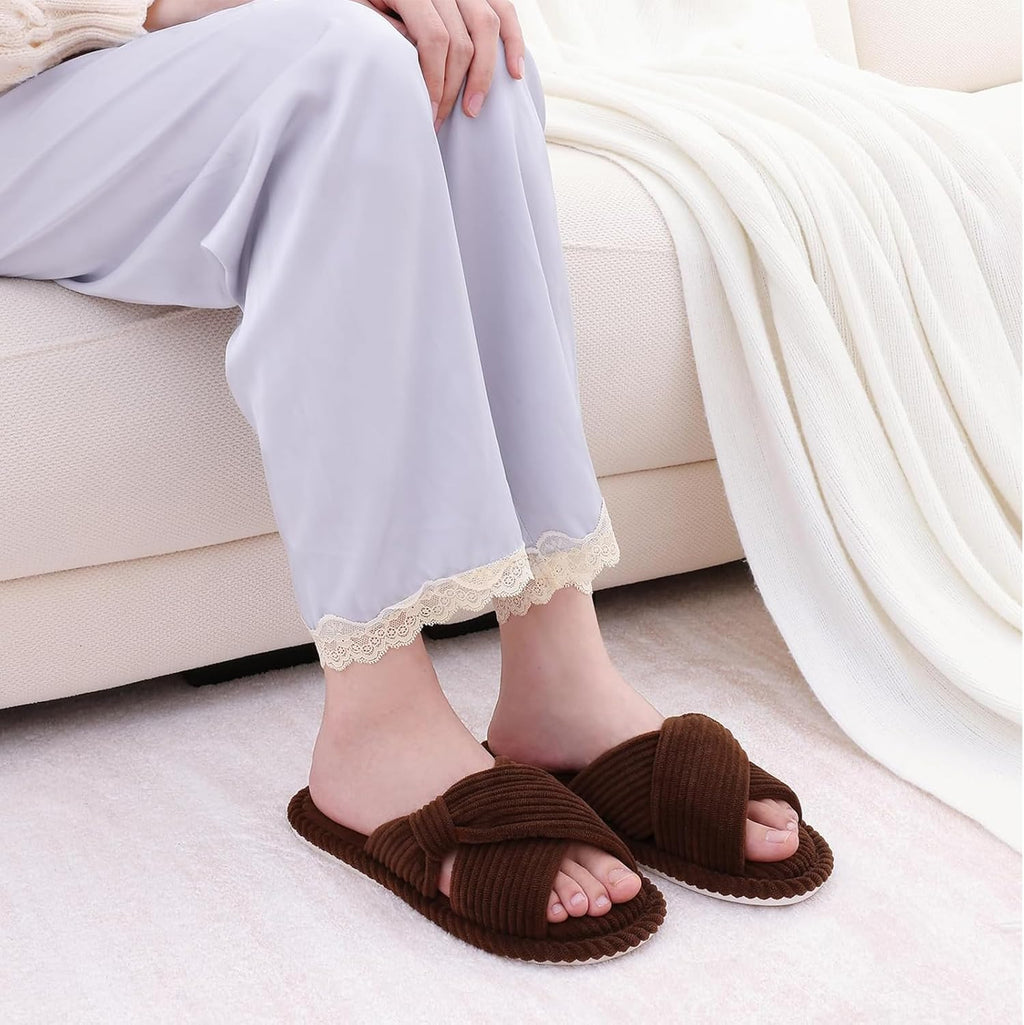 Evshine Summer House Slippers for Women Corduroy Cross Bow Indoor Slippers Open Toe Slip On Bedroom