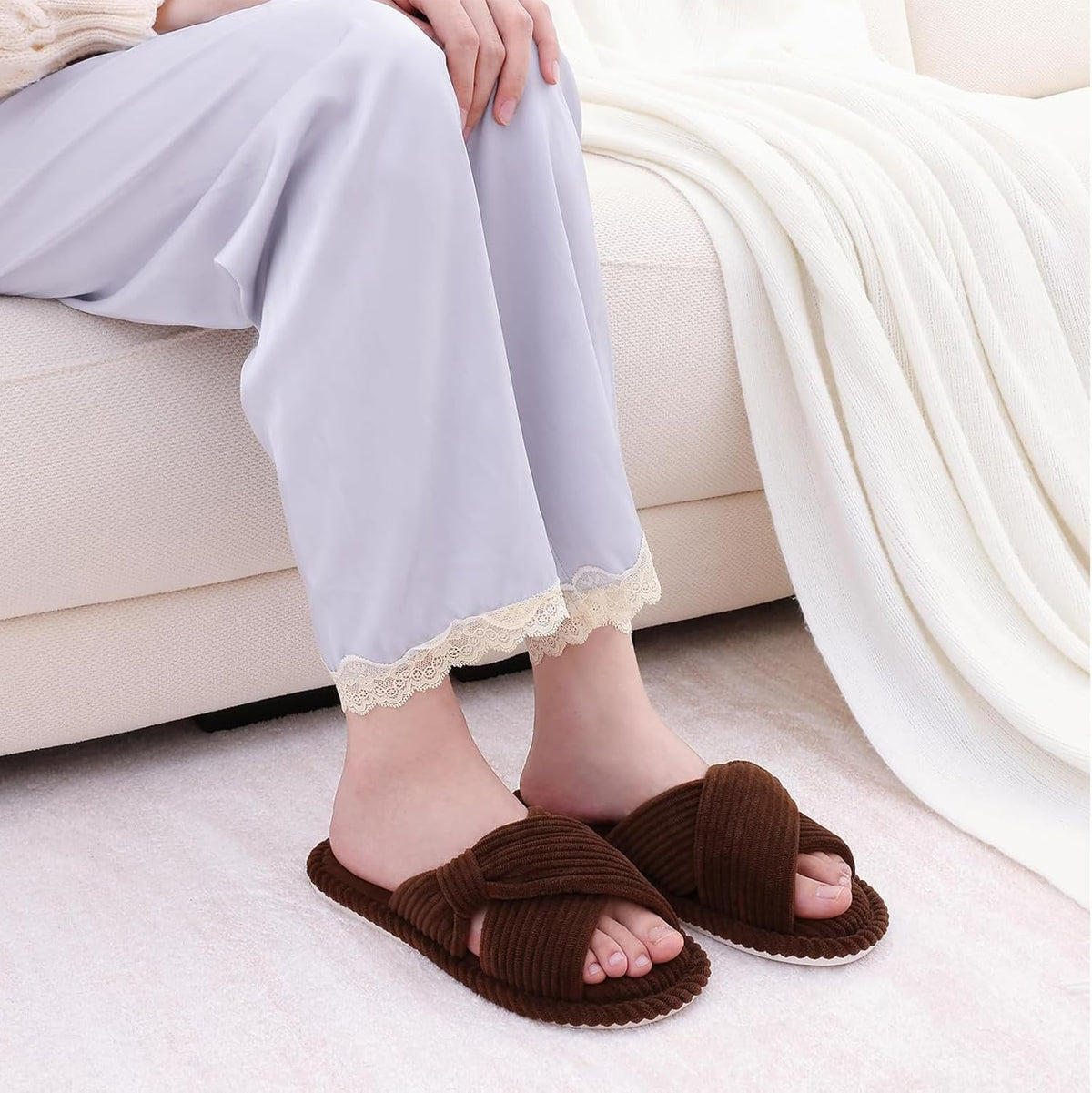 Evshine Summer House Slippers for Women Corduroy Cross Bow Indoor Slippers Open Toe Slip On Bedroom