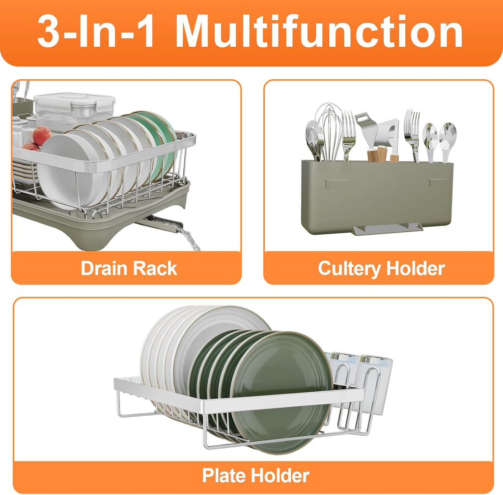 Dish Drying Rack, 2 -Tier 304 Stainless Steel Adjustable Spout Auto-Draining Dish Rack, Space