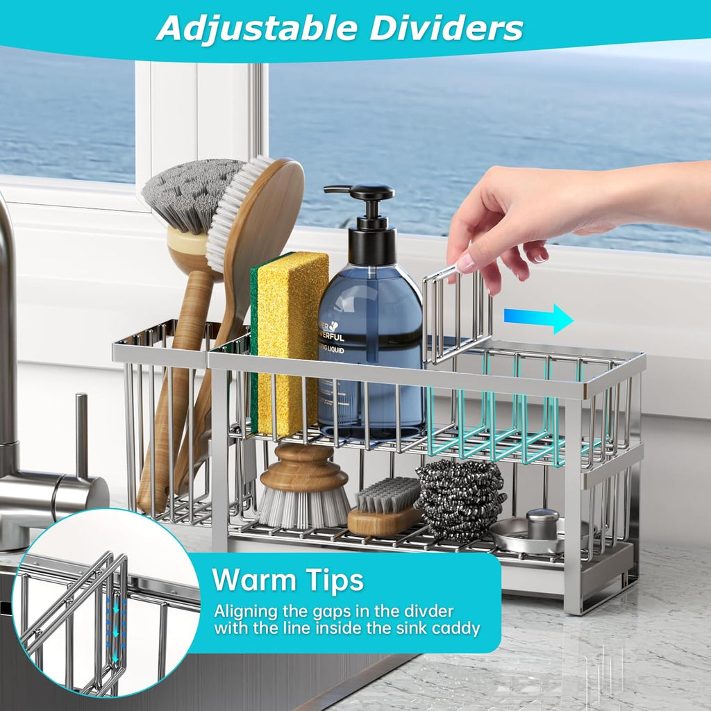 Sponge Holder for Kitchen Sink, 2 Tier Sink Caddy Organizer Countertop with Dish Brush Holder and