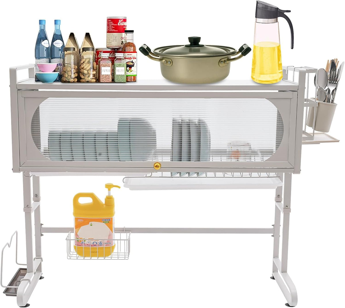 3 Tier Over The Sink Dish Drying Rack W/Clear Cabinet Door, Adjustable Dish Drainer Rack, White