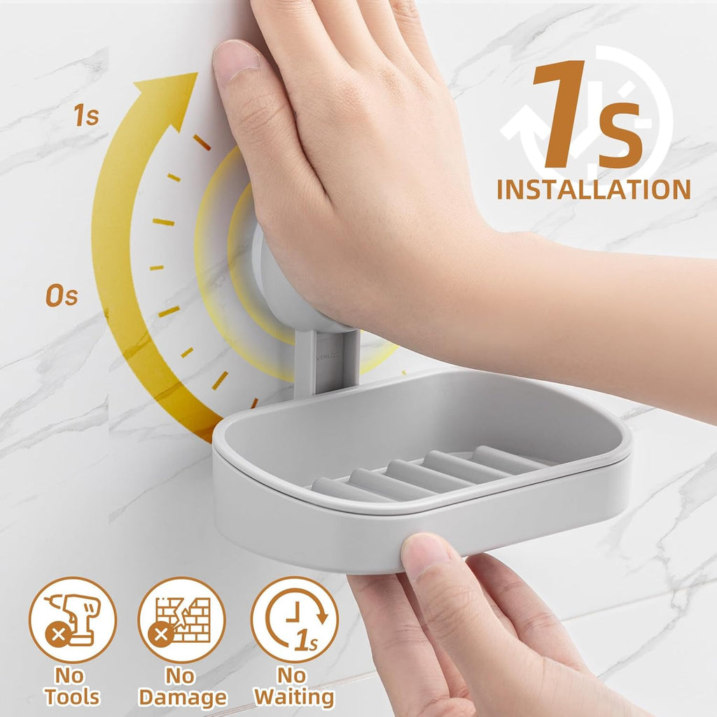 LEVERLOC Soap Dish Holder for Shower Suction Cup Wall Mounted Self Draining NO-Drilling Removable