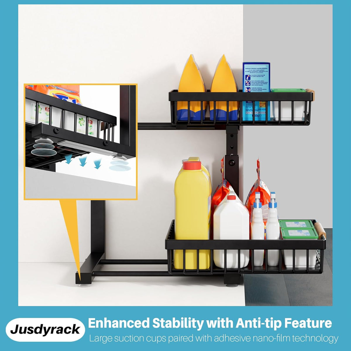 Under Sink Organizer,2 Packs 2 Tier Sliding Pull Out Cabinet Storage Shelf, Metal Drawer for