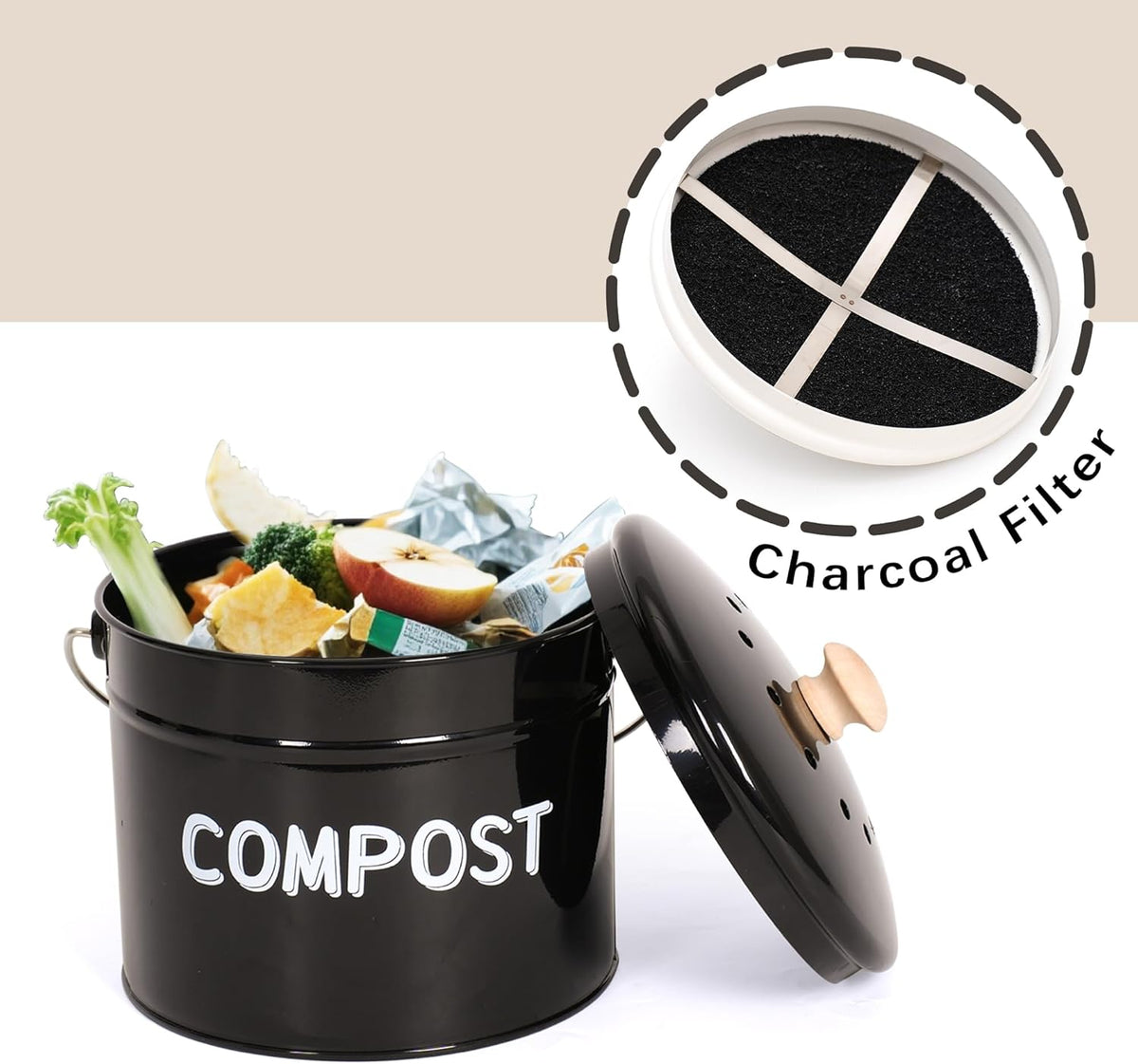 Compost Bin for Kitchen Counter, 1 Gallon Compost Bucket with Lid and Charcoal Filter, Countertop
