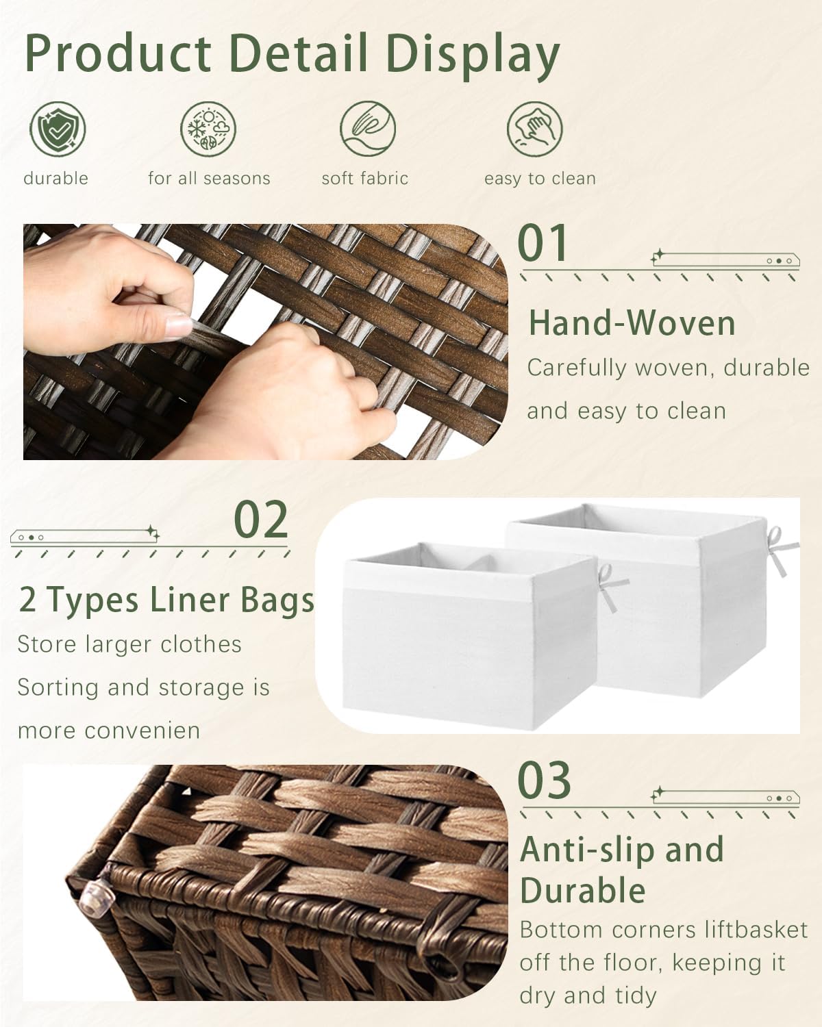 Storage Basket with Lid Wicker Baskets for Storage with 2 Separate Lid 42.3 Gallon (160 L) 29.9 x
