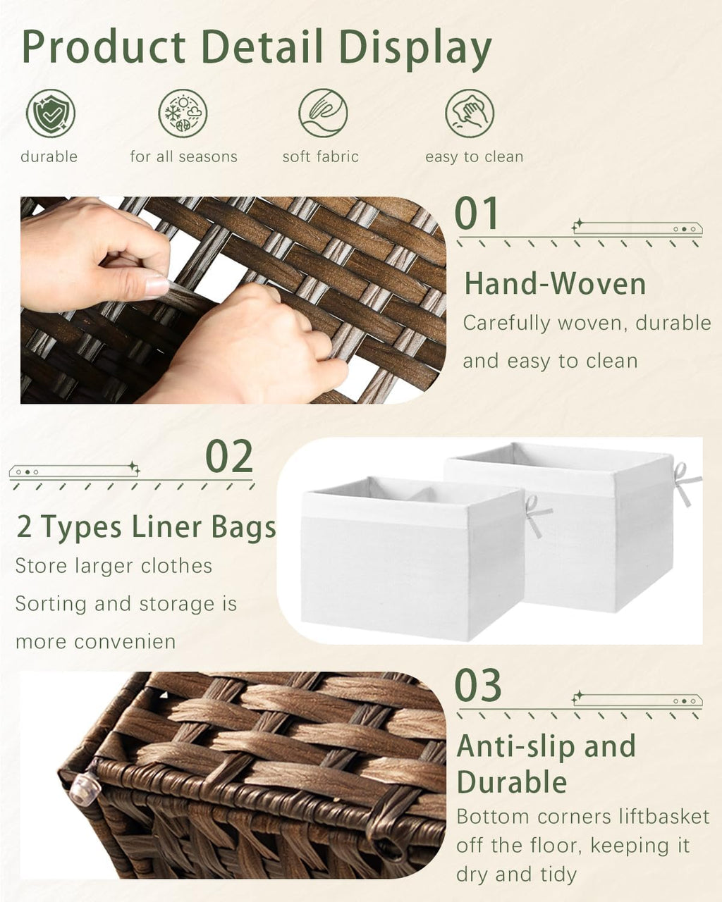Storage Basket with Lid Rattan Storage Basket with 2 Separate Lid, 27.8 Gallon (105 L) 25.2 * 15.4