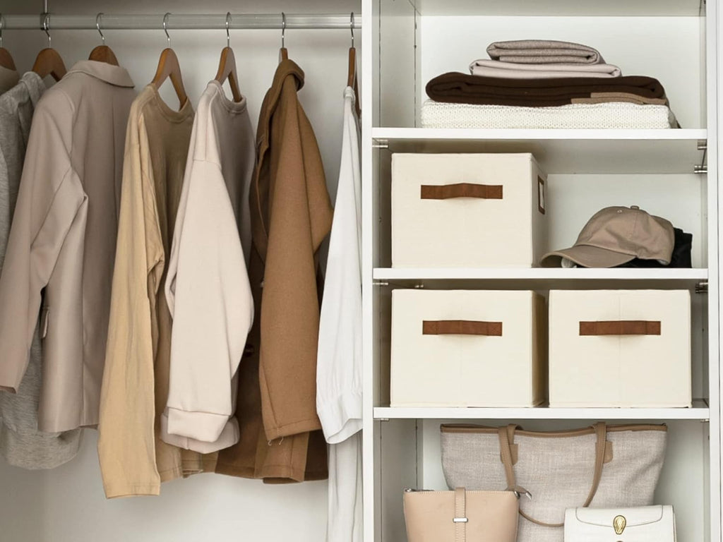 StorageWorks Storage Baskets for Shelves, Foldable Fabric Closet Storage Bins with PU Handles