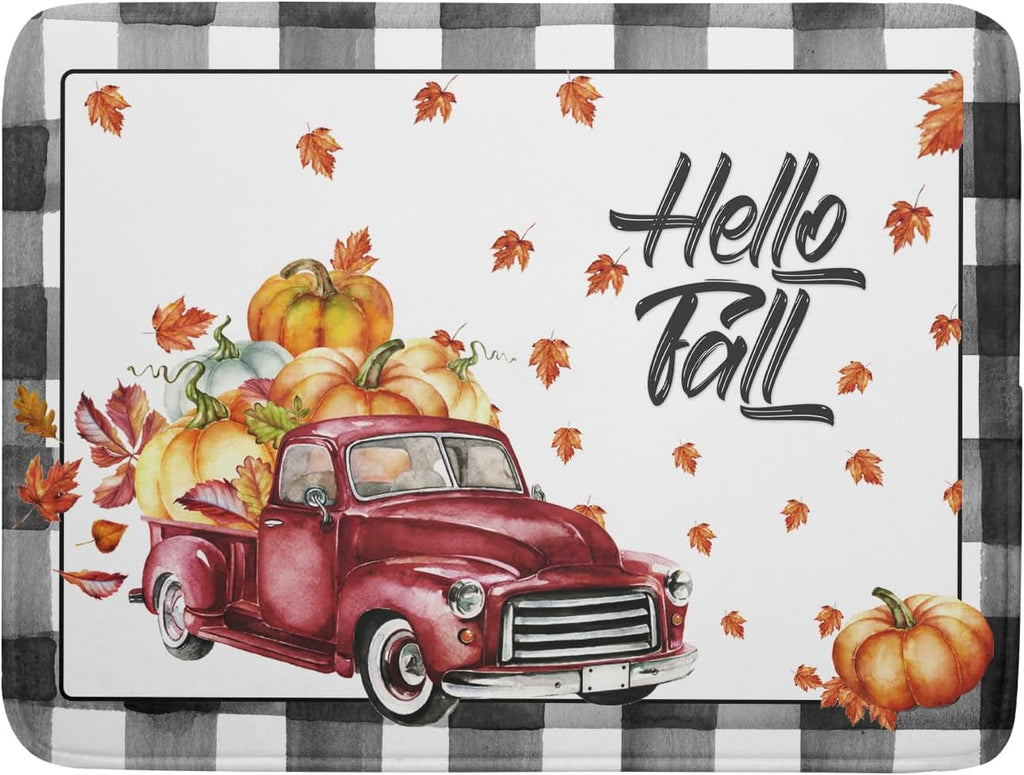 Hello Fall Pumpkin Dish Drying Mat for Kitchen Counter Decor 18x24 Inch Red Truck Harvest Absorbent