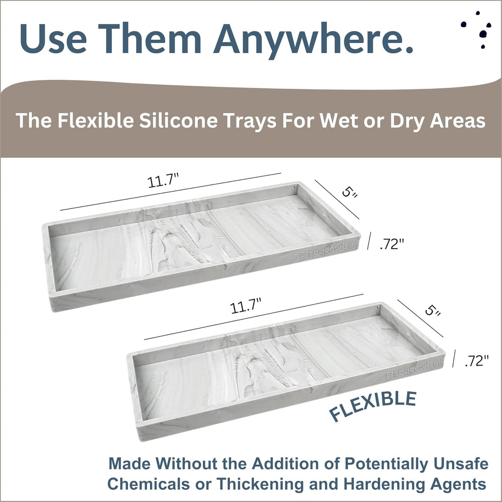 Countertop and Vanity Tray - 2 PC Large 11.7" Silicone Bathroom Trays, Counter Organizer, Dish Soap
