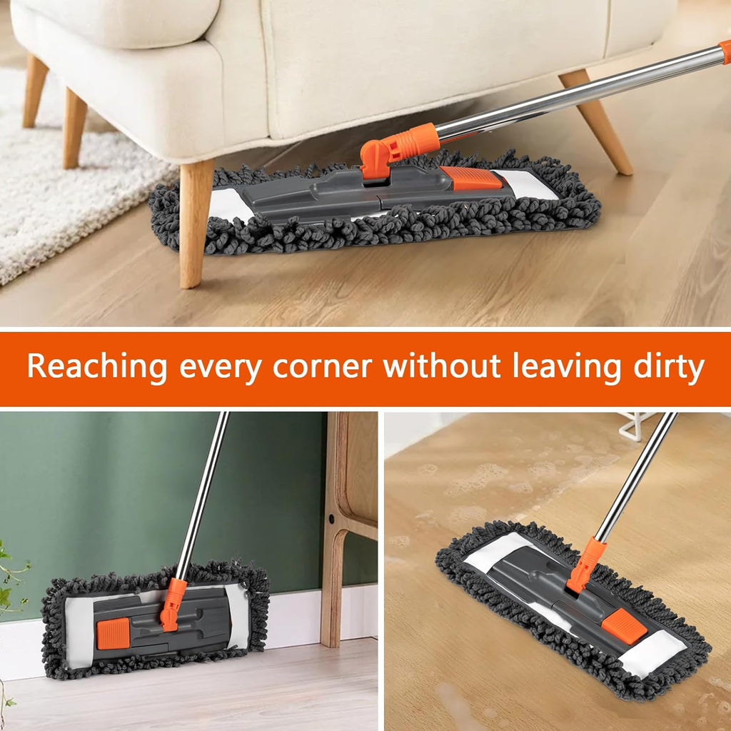 Dust Mop for Floor Cleaning with 3 Washable Pads (Chenille, Terry Cloth, Microfiber) and 55” Long