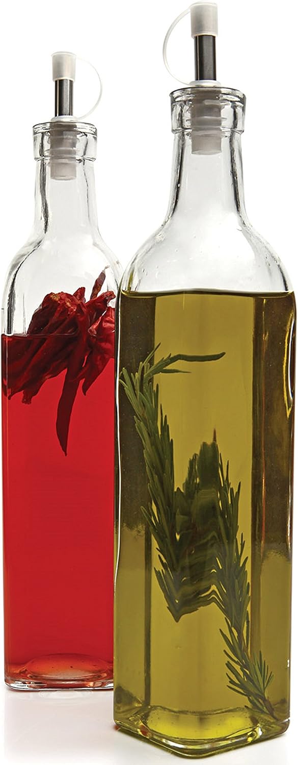 Circleware Villa Olive Oil and Vinegar Glass Dispenser Bottles, Set of 2, 16 oz., Clear