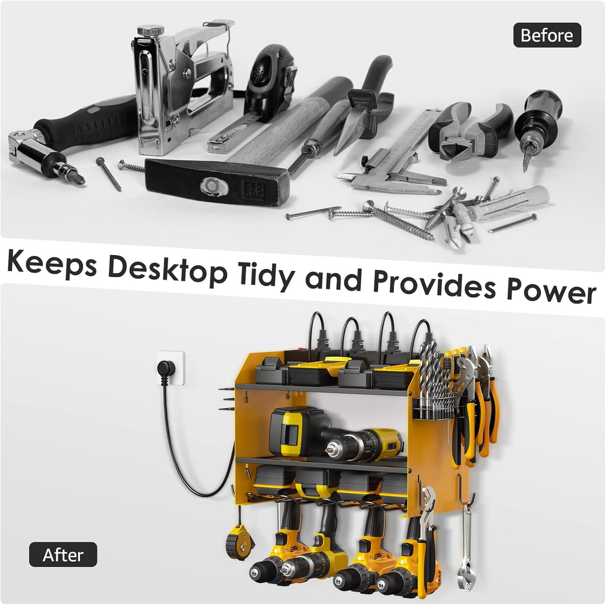 CCCEI Modular Power Tool Organizer Wall Mount with Charging Station. Garage 4 Drill Storage Shelf