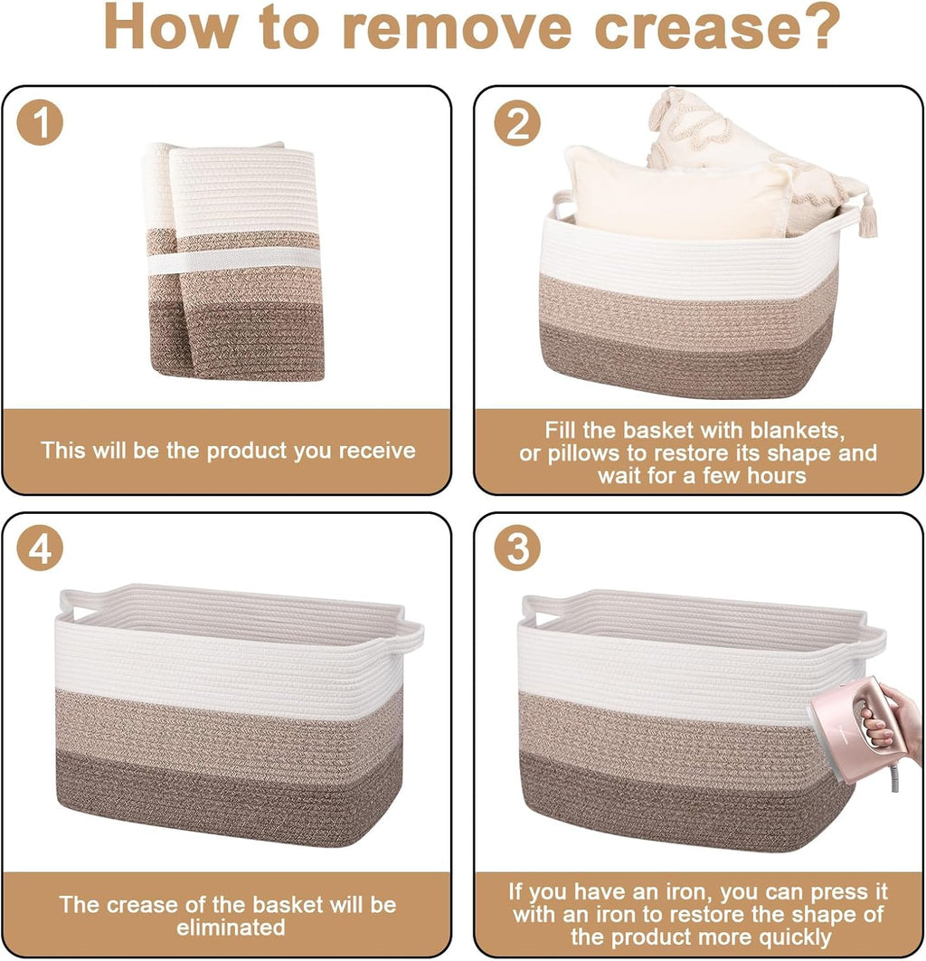 OIAHOMY Rectangle Woven Storage Basket - Nursery Cotton Rope Baskets for Storage, Toy Basket