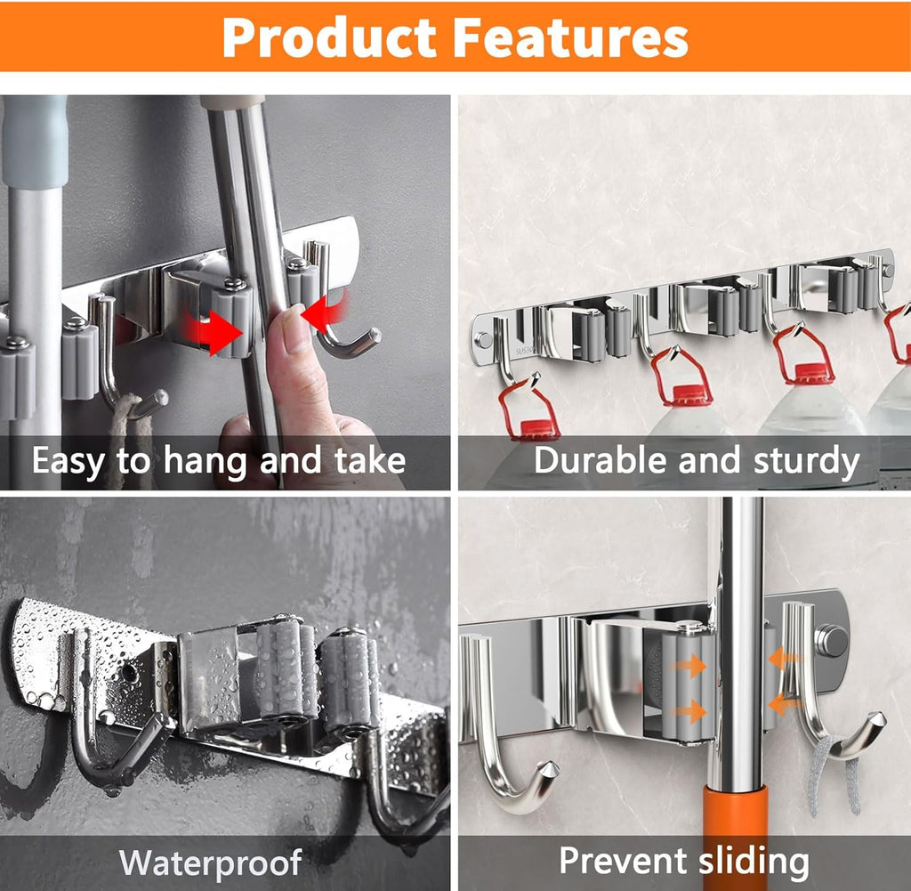 2 Pack Mop and Broom Holder Wall Mount, Non-slip Broom Hanger, Heavy Duty Mop Broom Organizer for