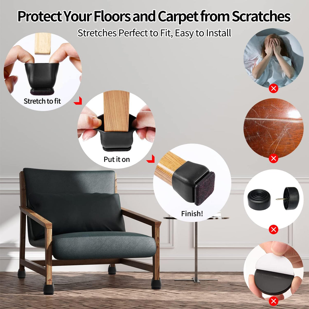 Ezprotekt 24 Pcs Square Silicone Chair Leg Floor Protectors, Felt Furniture Pads Covers for Table