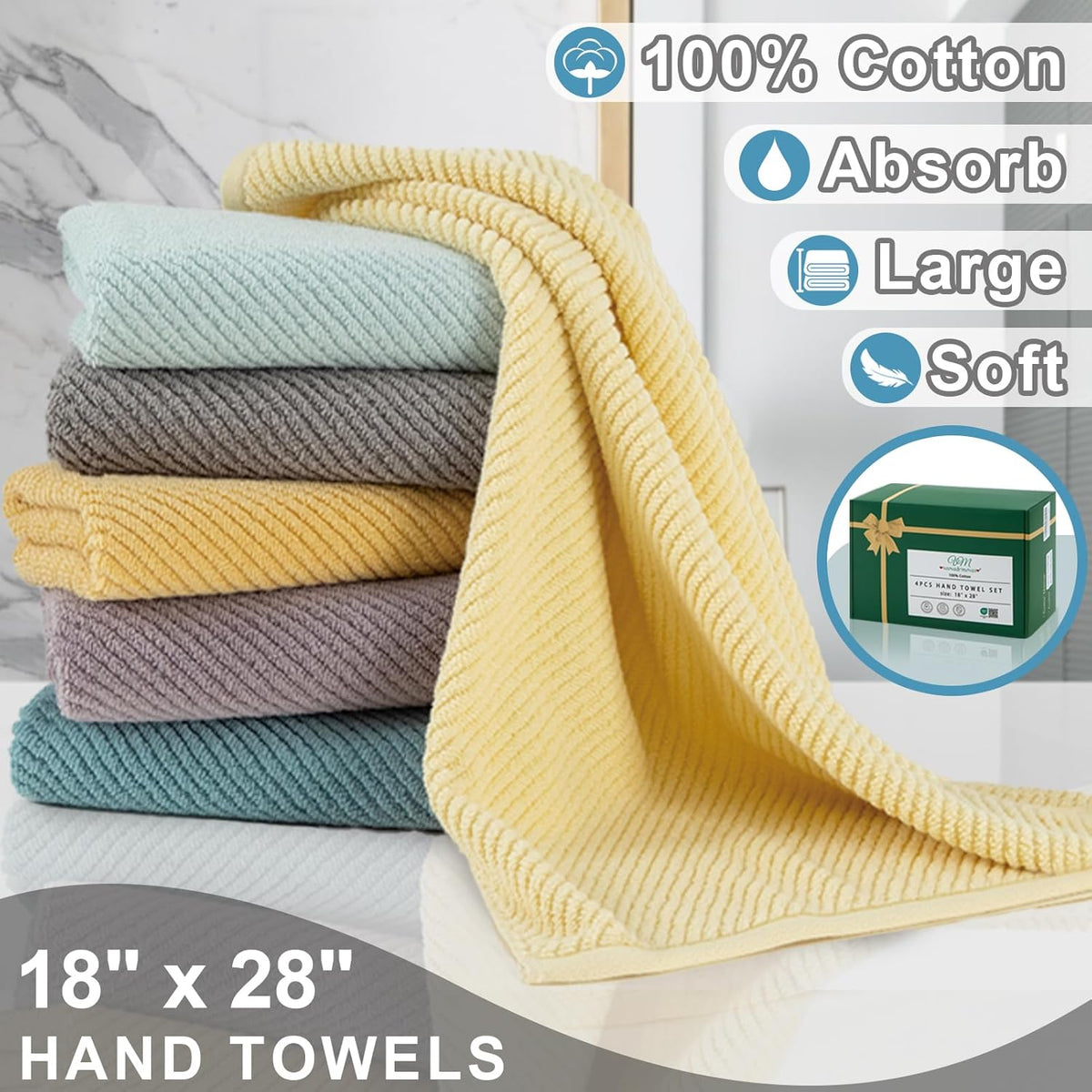VOOVA & MOVAS Hand Towels for Bathroom Set of 4，Large 18"x 28" - 100% Cotton | Lightweight | Thick