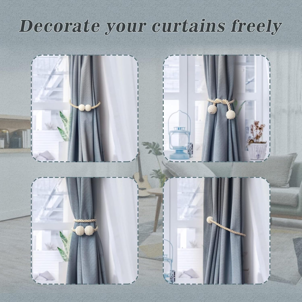 Hion Magnetic Curtain Tiebacks Beige 6 Pack, Curtain Tiebacks Buckles Holdbacks Holders Hooks Clip