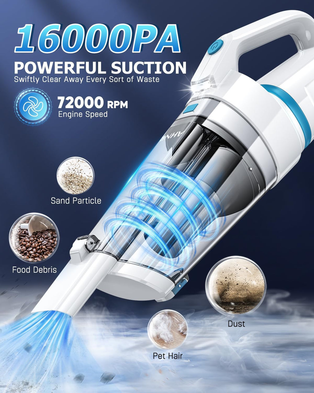 AHNR Handheld Vacuum Cordless, 16000PA Powerful Suction Hand Held Vacuum Dust Busters Cordless