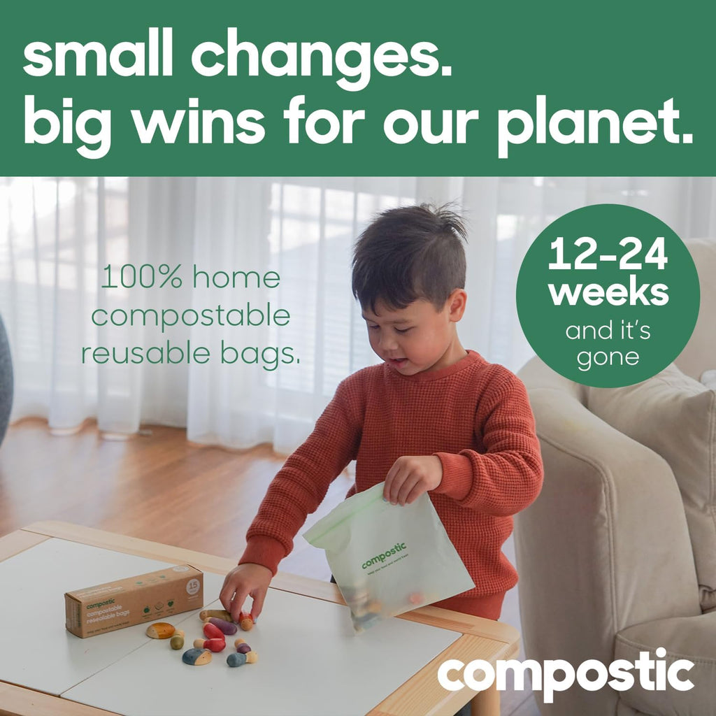 Compostic Home Compostable Resealable Snack Bags (6"x 3.5"), Microwave & Freezer Safe, Organic Food