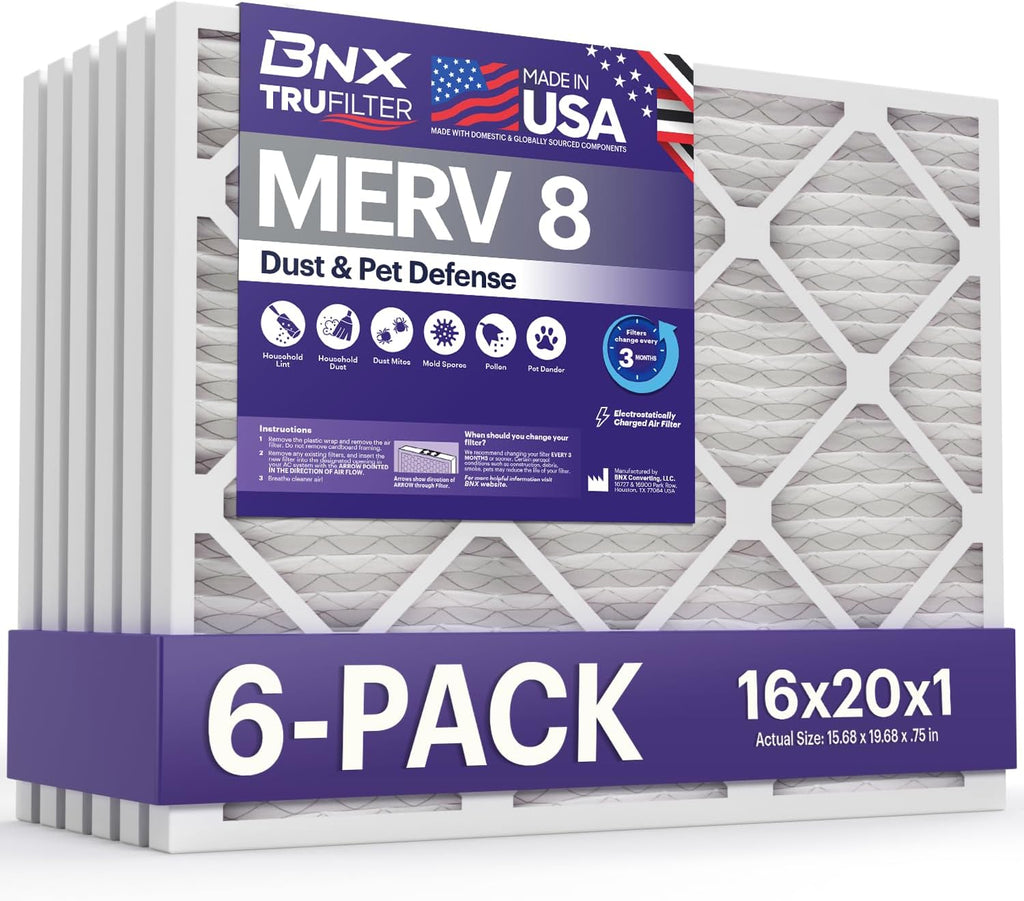BNX TruFilter 16x20x1 Air Filter MERV 8 (6-Pack) - MADE IN USA – Dust & Pet Defense Electrostatic