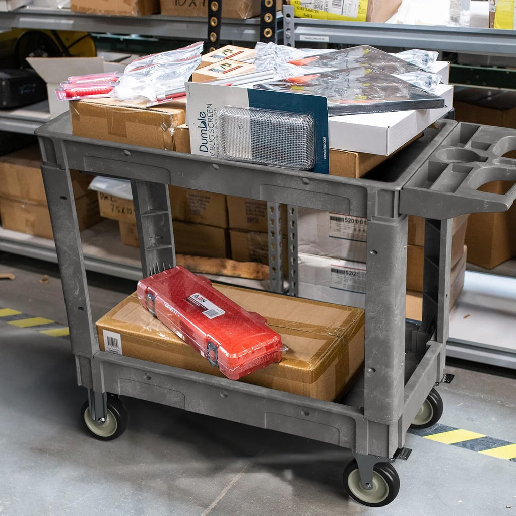 2 Tier Plastic Rolling Cart Utility Cart on Wheels, Heavy Duty Tool Carts with Ergonomic Storage