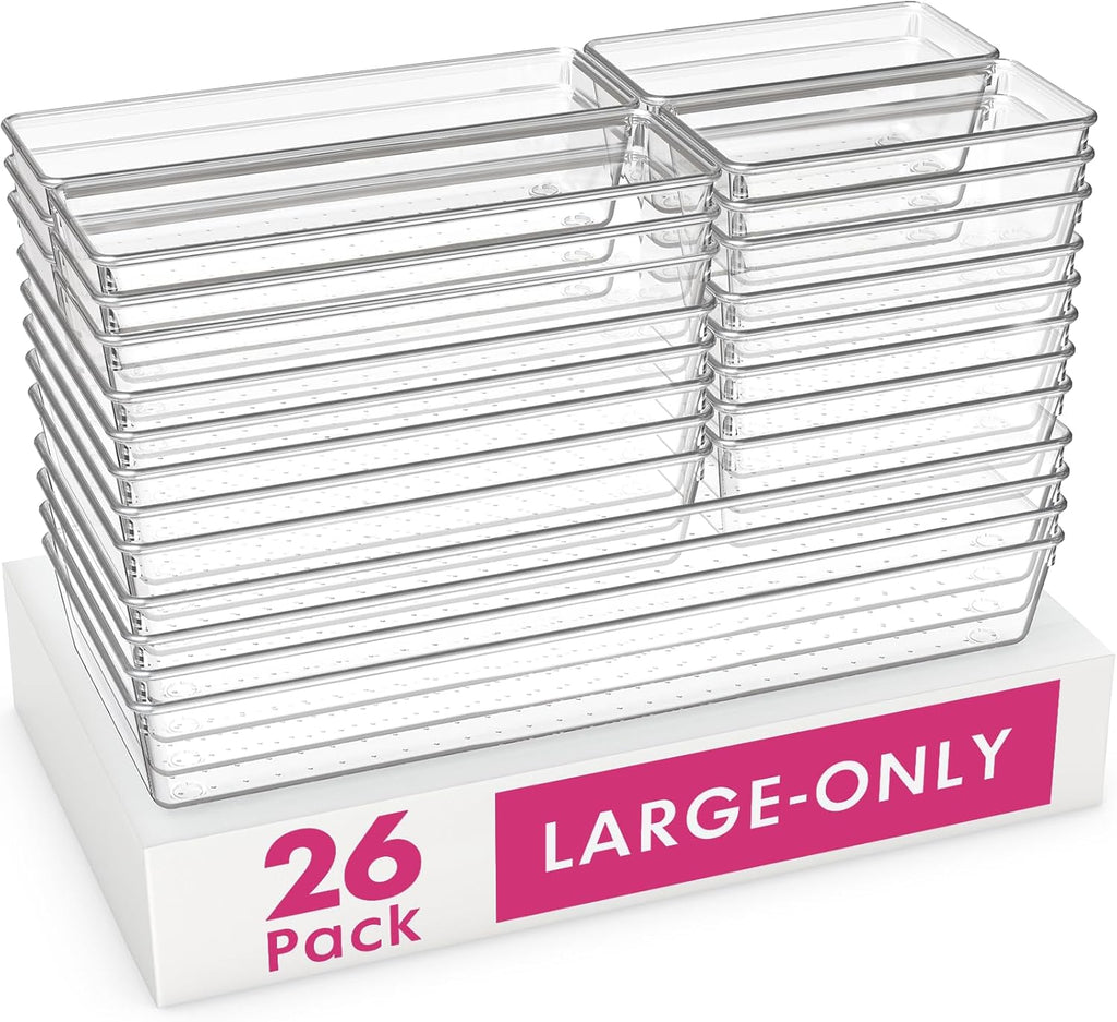 Criusia 26 Pack Large Clear Plastic Drawer Organizer Bins -5 Size Heavy Duty Acrylic Kitchen Drawer