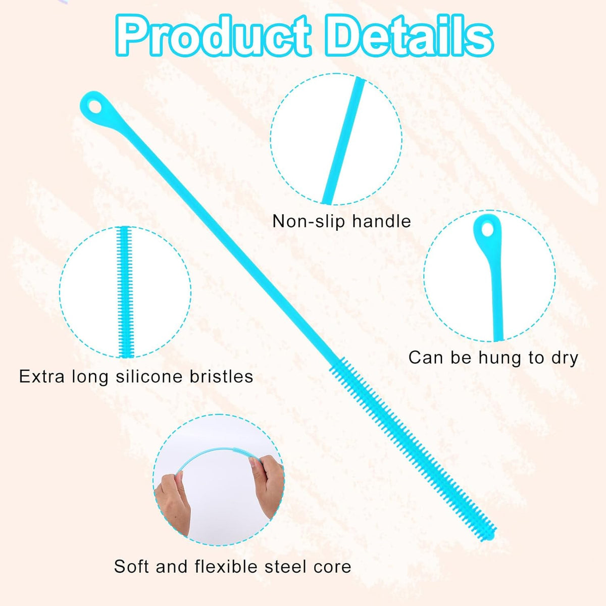 2pcs Silicone Straw Cleaner Brush, 9.44in Extra Long Reusable Straw Brush for Stanley, Metal, Glass